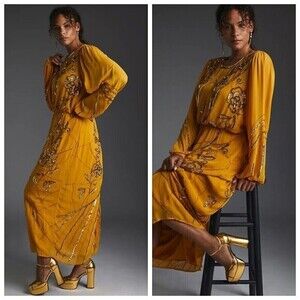 Anthropologie Let Me Be Juliet‎ Maxi Dress XS Mustard Sequin Sheer Embellished